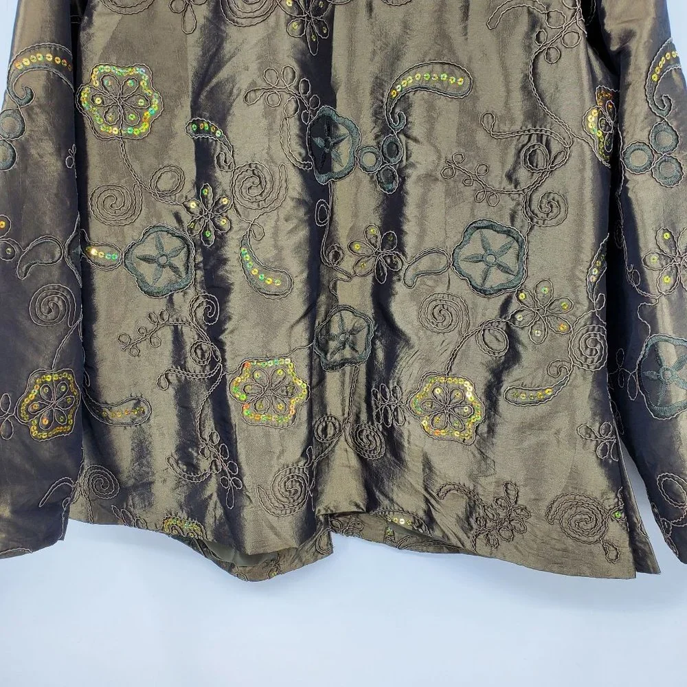 Susan Graver Style Green Floral Print Sequin Blazer Light Suit‎ Coat Large